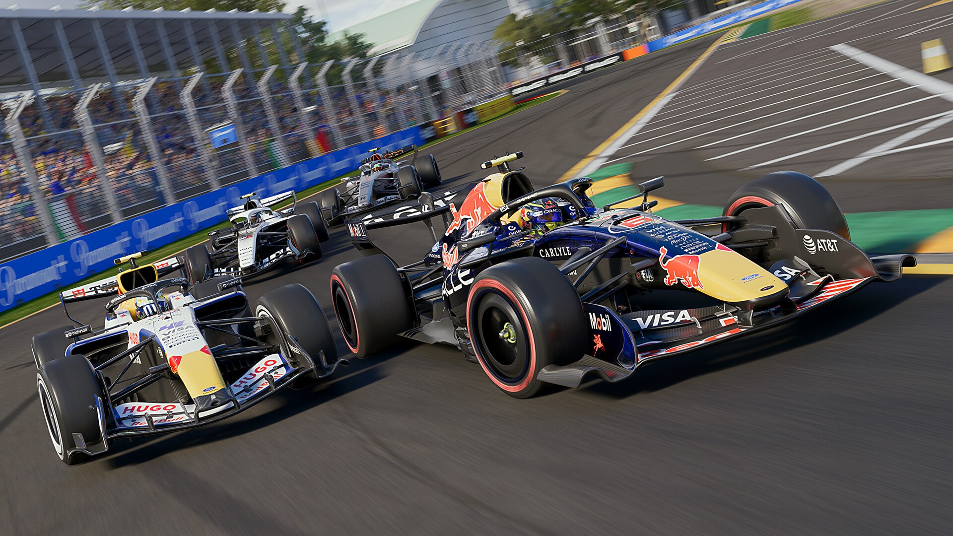 A Red Bull and a Racing Bulls car side by side in F1 25