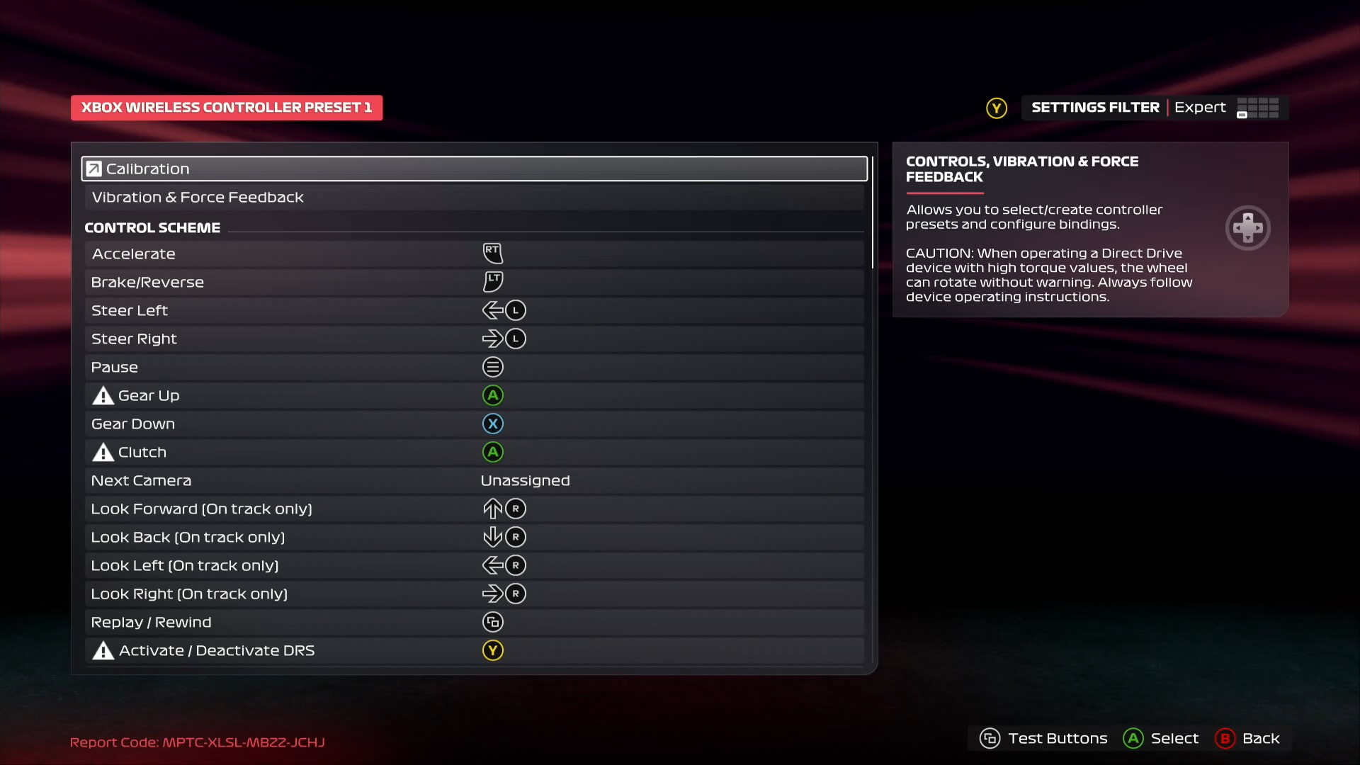 F1 25 Xbox Wireless Controller preset menu with the default button mapping