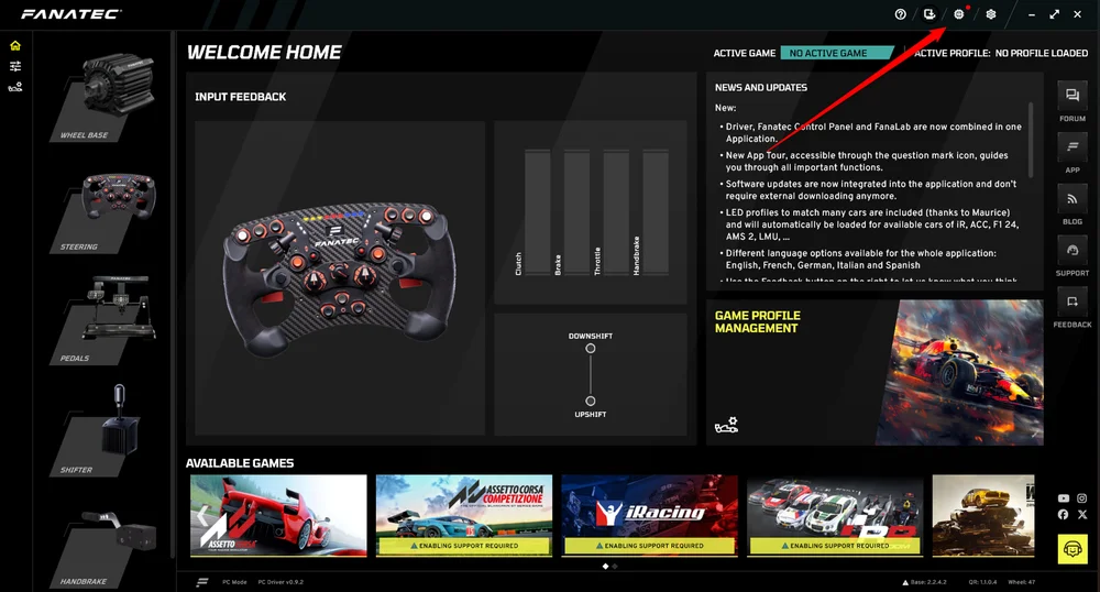 The Fanatec App home screen with a ClubSport wheel base connected
