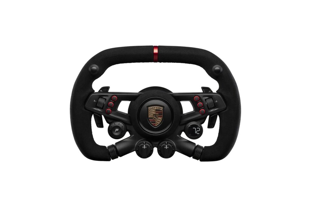 Fanatec CSL Elite Steering Wheel Porsche Vision GT front view with the Porsche crest