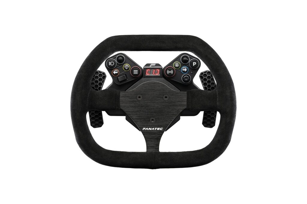 Fanatec CSL Steering Wheel Flat 1 V2 with a suede rim and the CSL Universal Hub V2