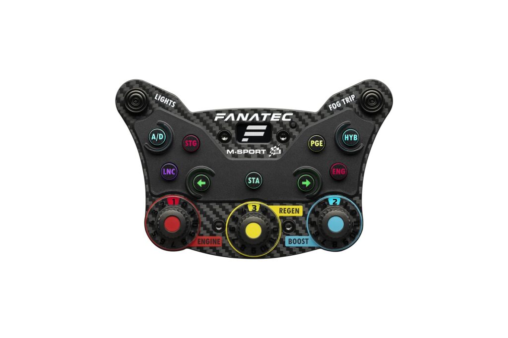 Fanatec Podium Button Module Rally in M-Sport branding with three rotary switches