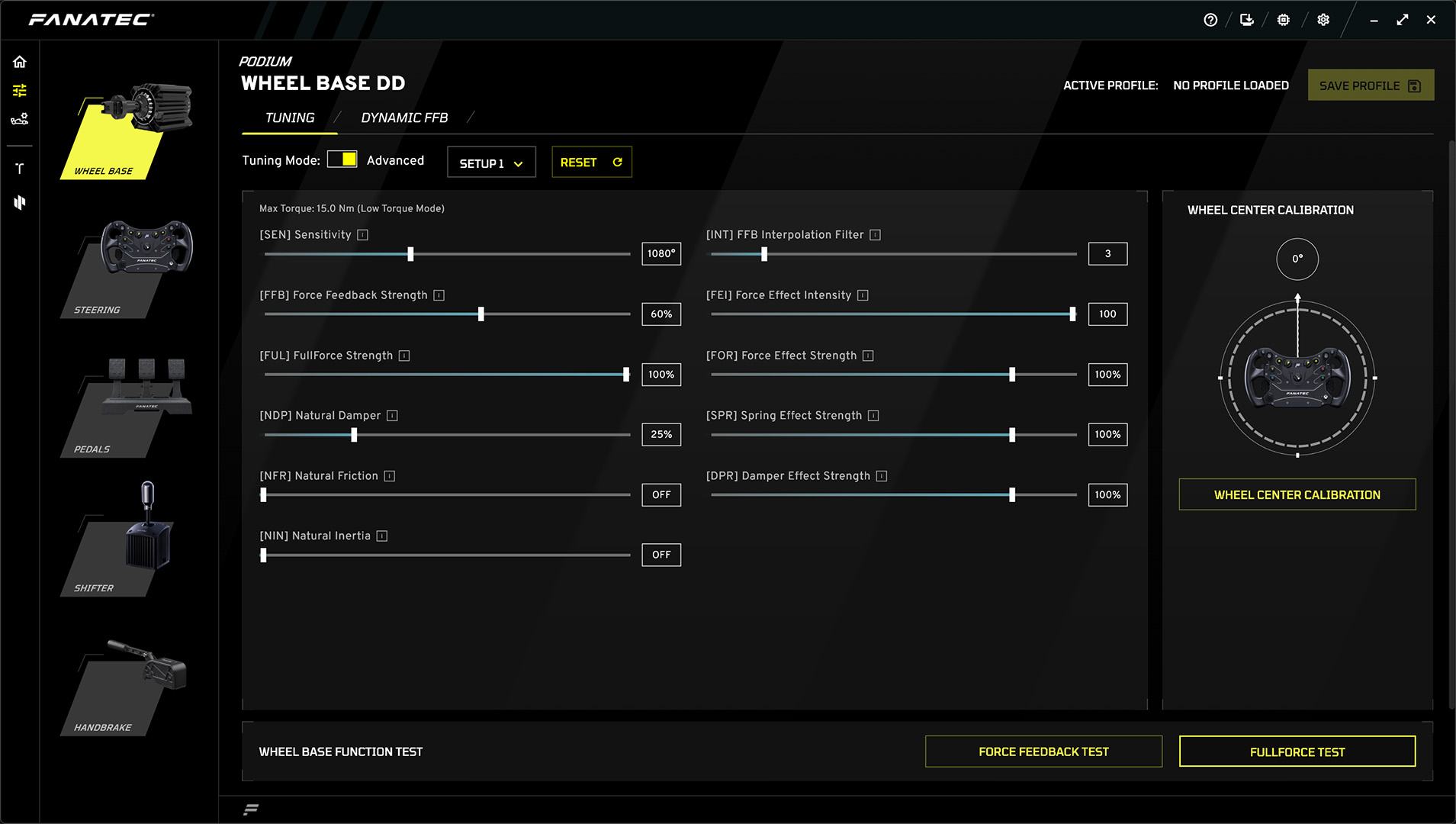 The Fanatec App tuning menu for the Podium DD in advanced mode - sensitivity, force feedback strength, FullForce, damper, friction, inertia, interpolation and effect sliders