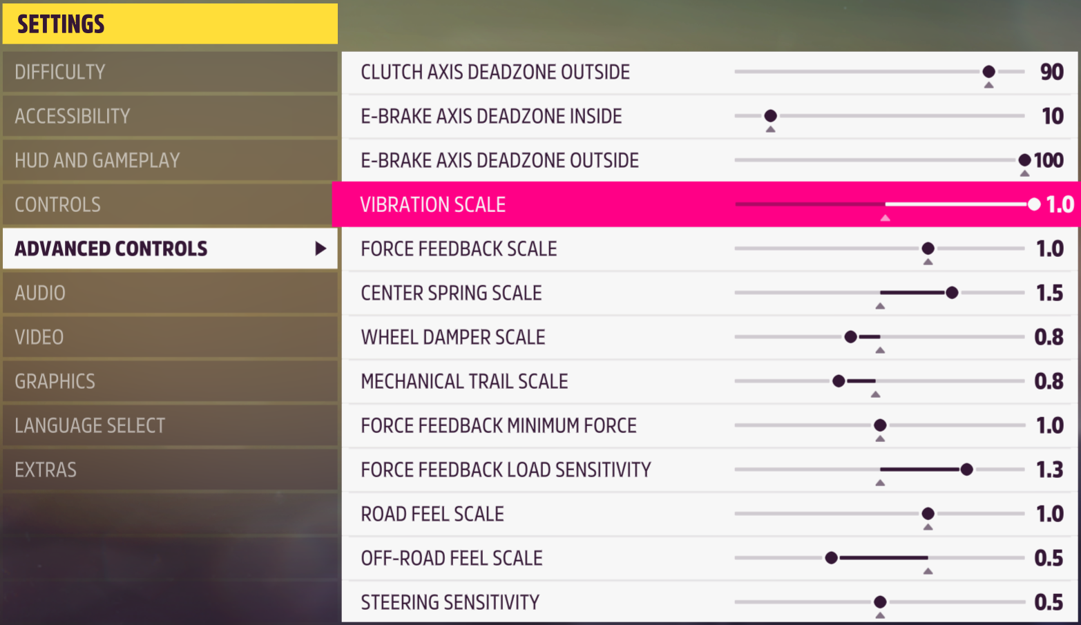 Forza Horizon 5 advanced controls set by Logitech for the PRO Racing Wheel on PC