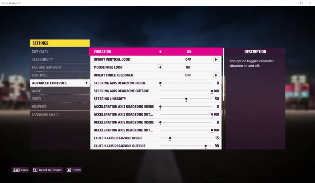 Forza Horizon 5 advanced controls on PC with Invert Force Feedback off, from Moza