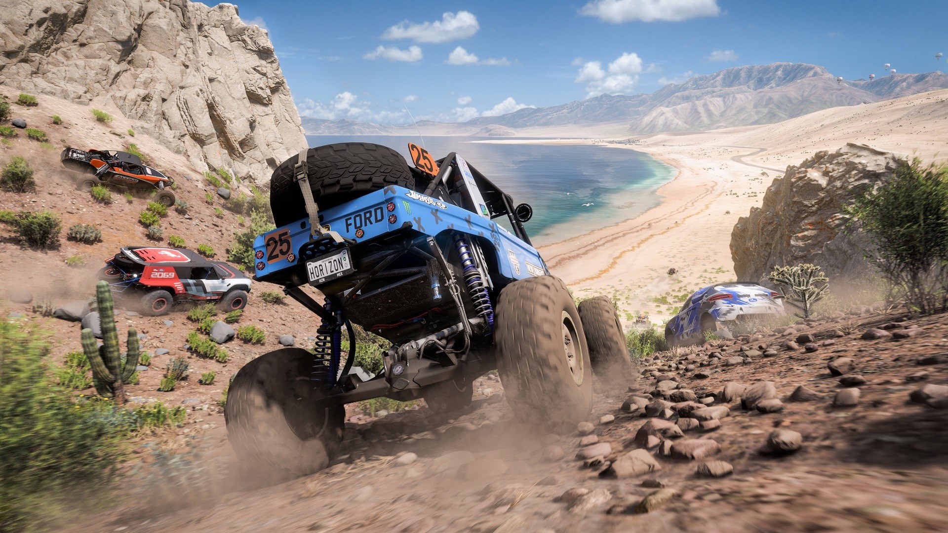 A Ford Bronco climbing a rocky hill above a beach in Forza Horizon 5