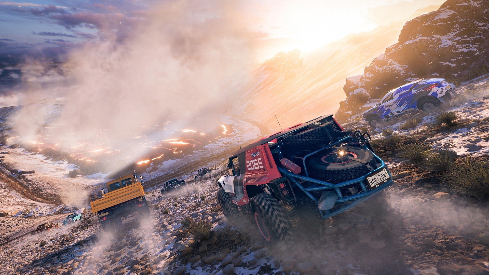 Off-road trucks descending a volcano in Forza Horizon 5