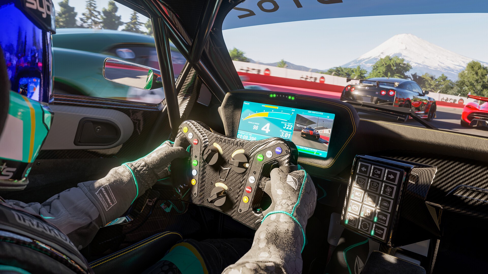 Cockpit view in Forza Motorsport with gloved hands on the steering wheel at Fuji Speedway