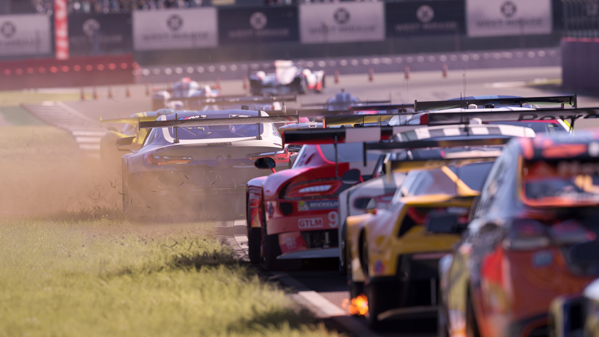 A GT car running wide onto the grass behind a pack of prototypes in Forza Motorsport