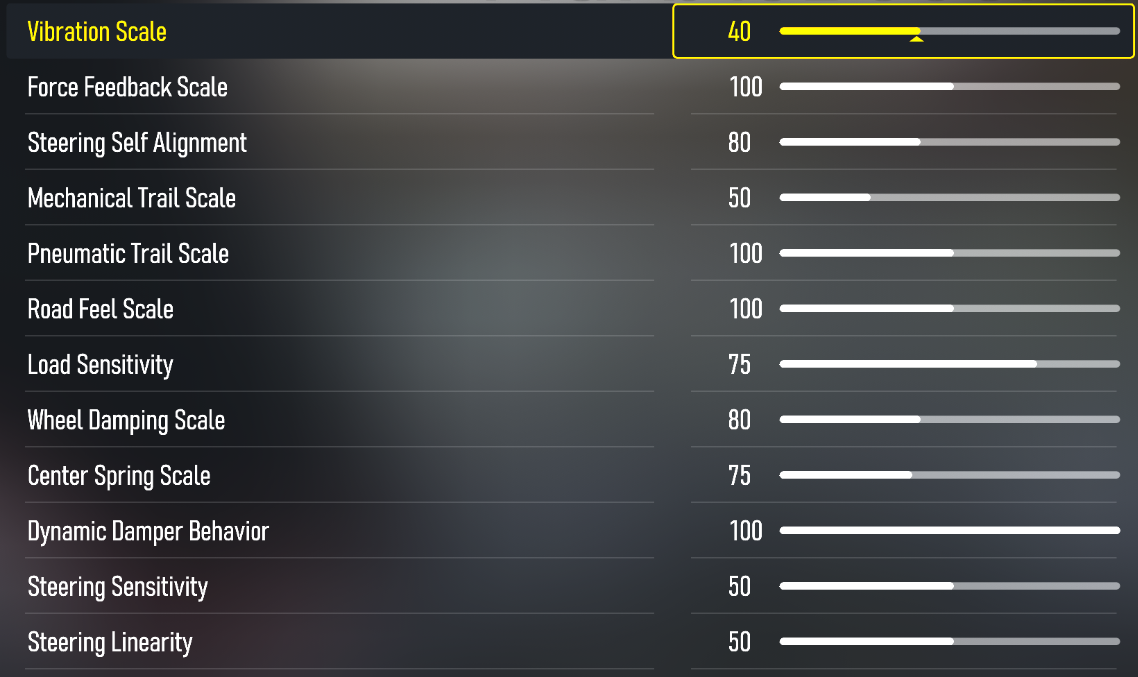 Forza Motorsport wheel settings set by Logitech for the PRO Racing Wheel in October 2023