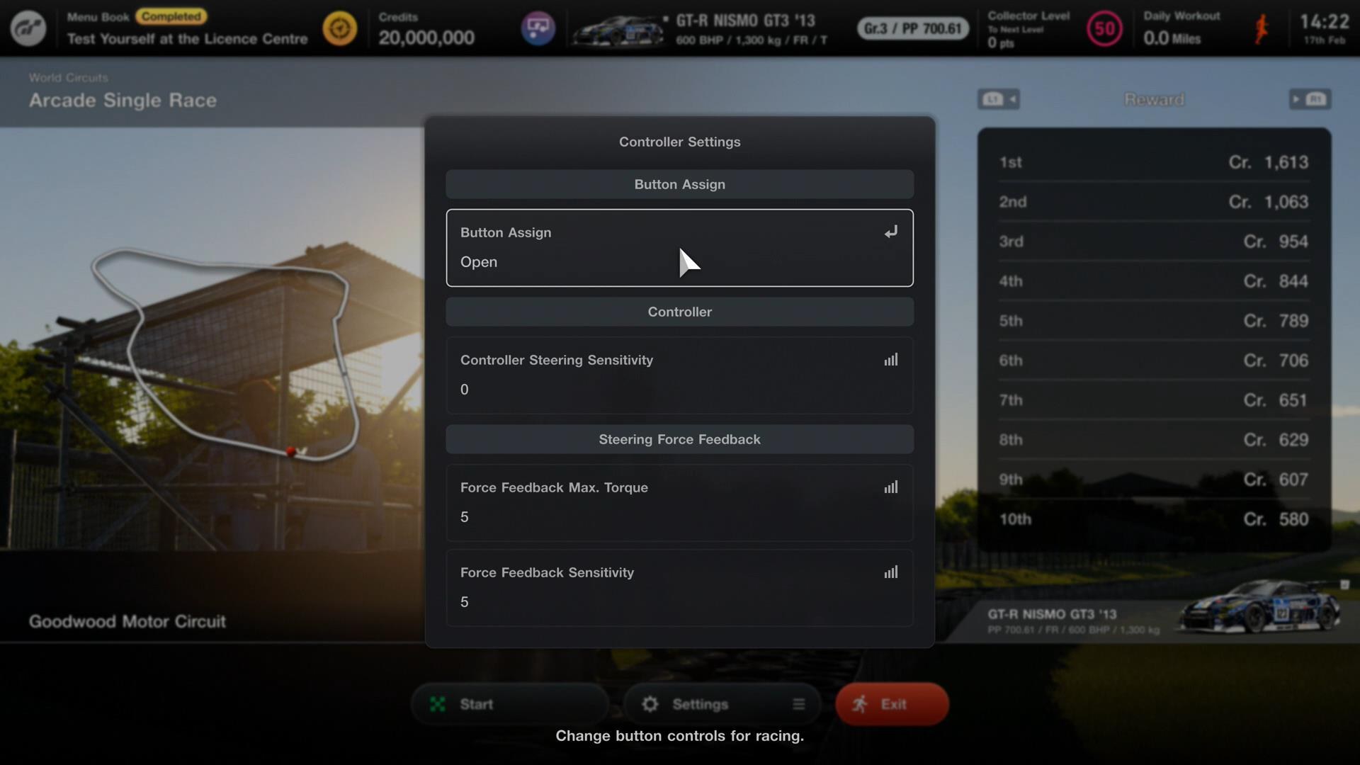 Gran Turismo 7 Controller Settings menu with Force Feedback Max. Torque and Force Feedback Sensitivity