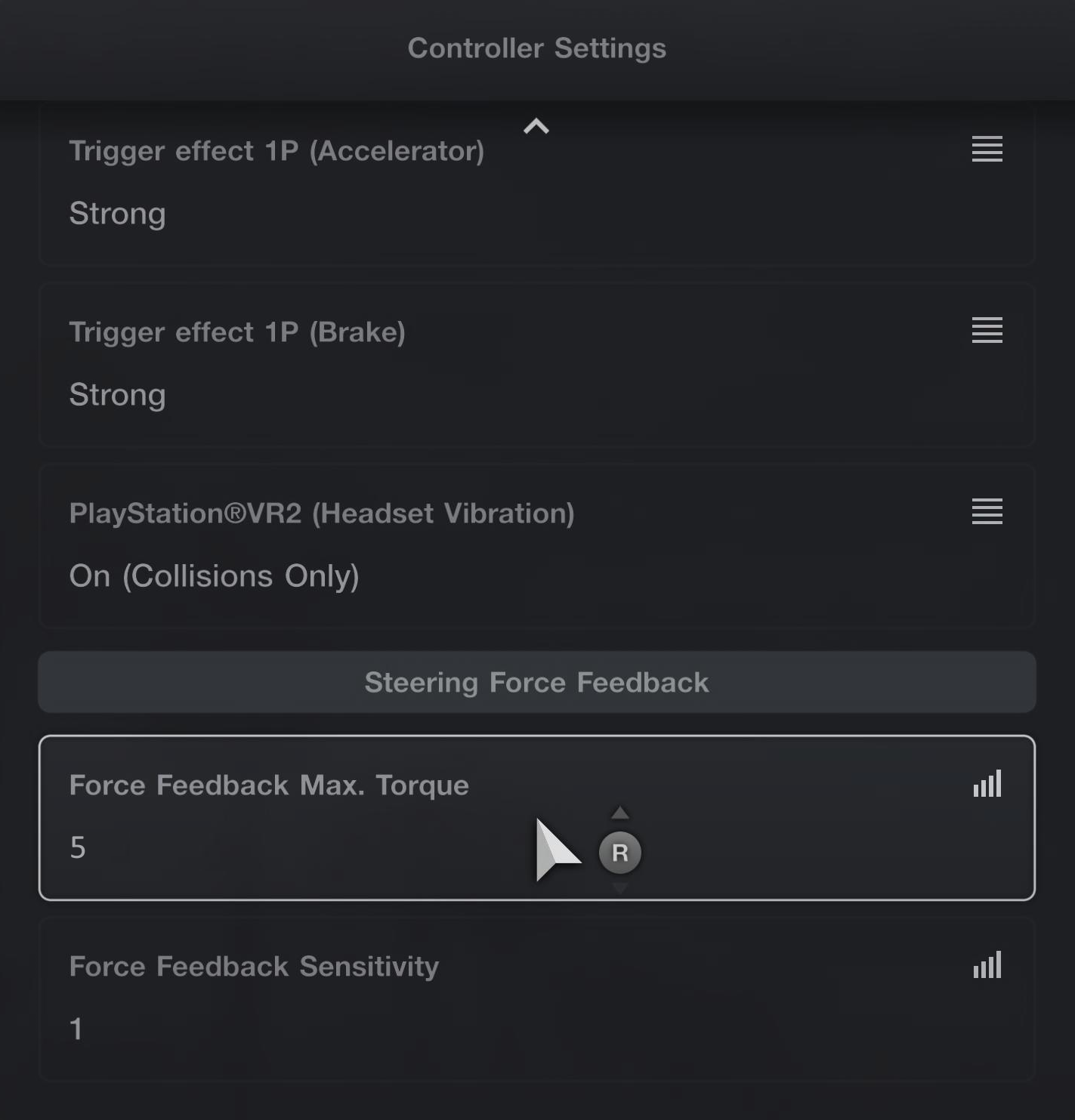 Gran Turismo 7 steering force feedback settings for Gr. cars recommended by Logitech for the RS50