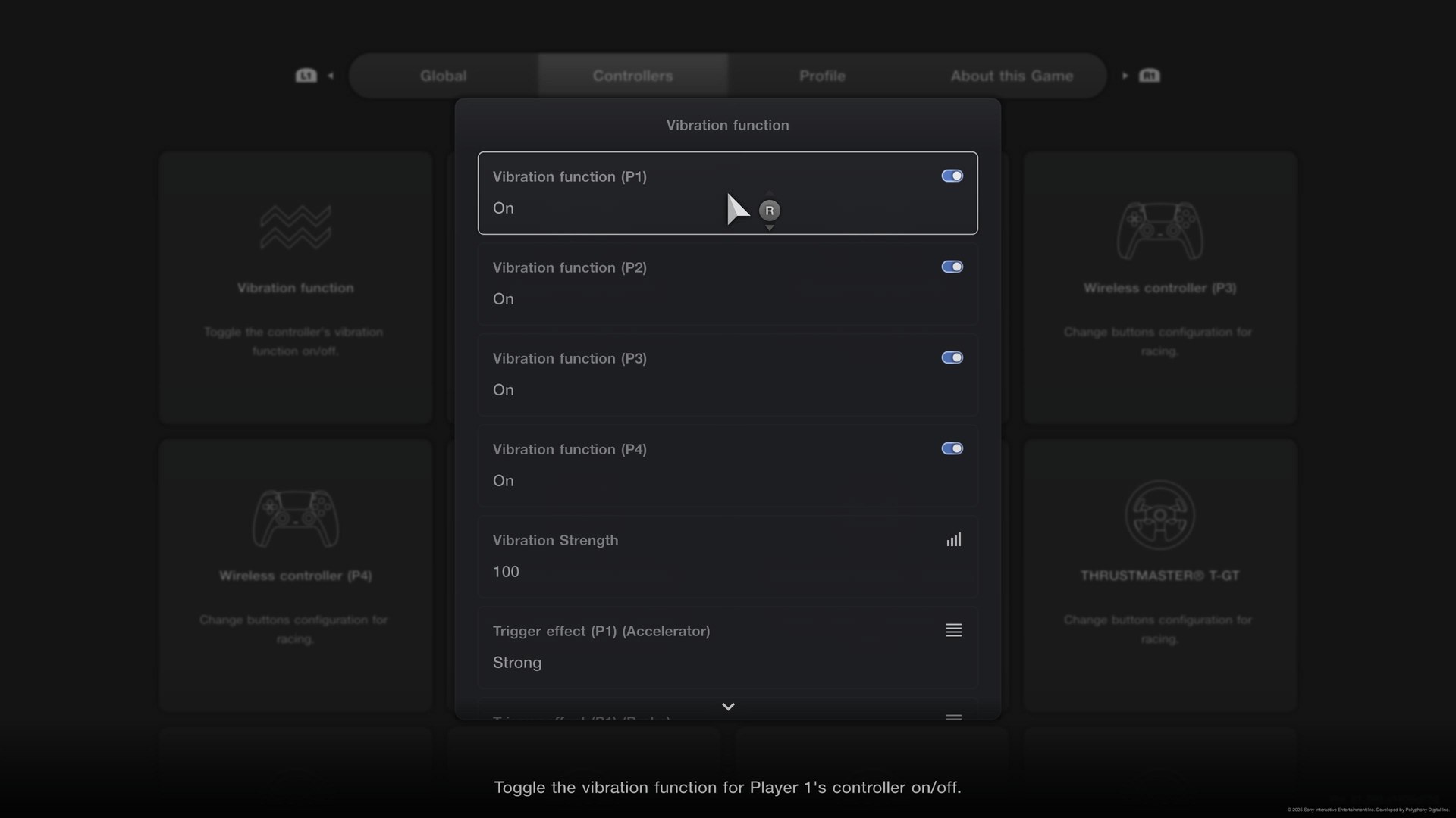 Gran Turismo 7 Vibration function menu with Vibration Strength