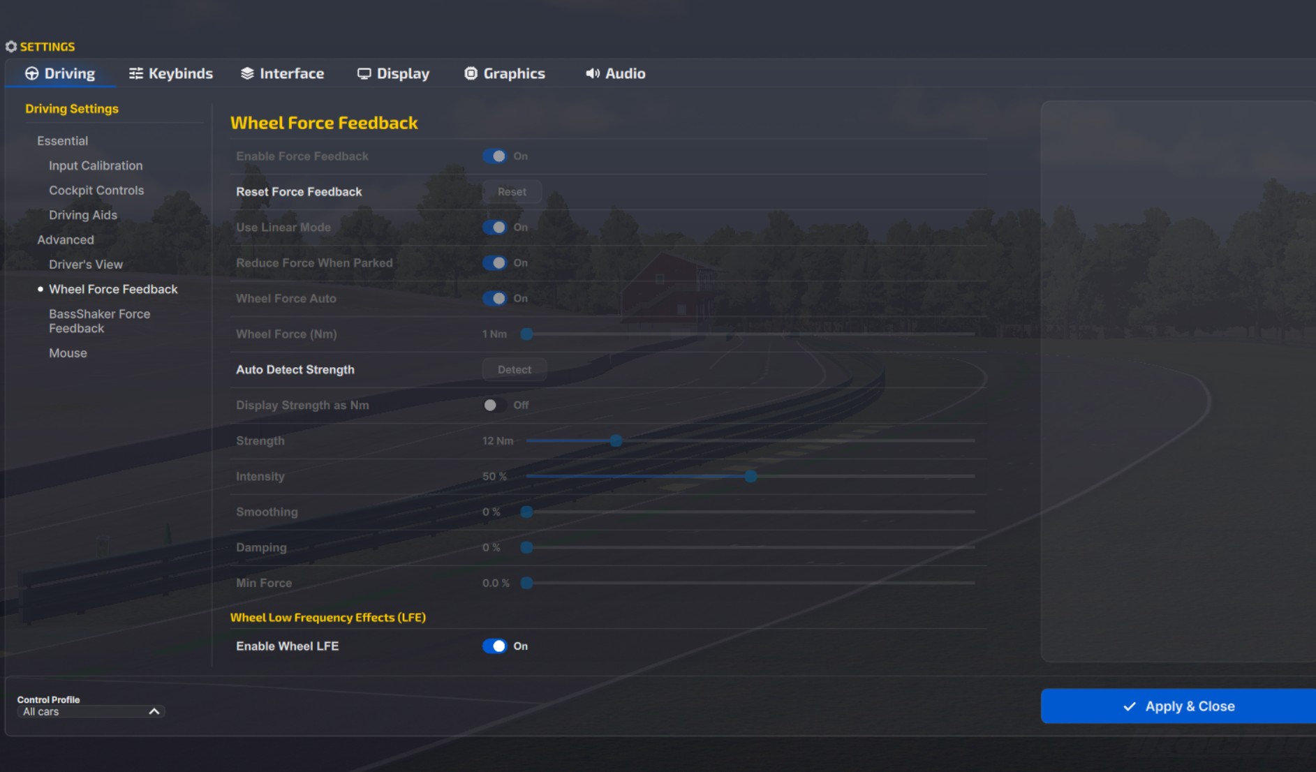 iRacing Wheel Force Feedback settings page showing Strength, Wheel Force and Auto Detect Strength