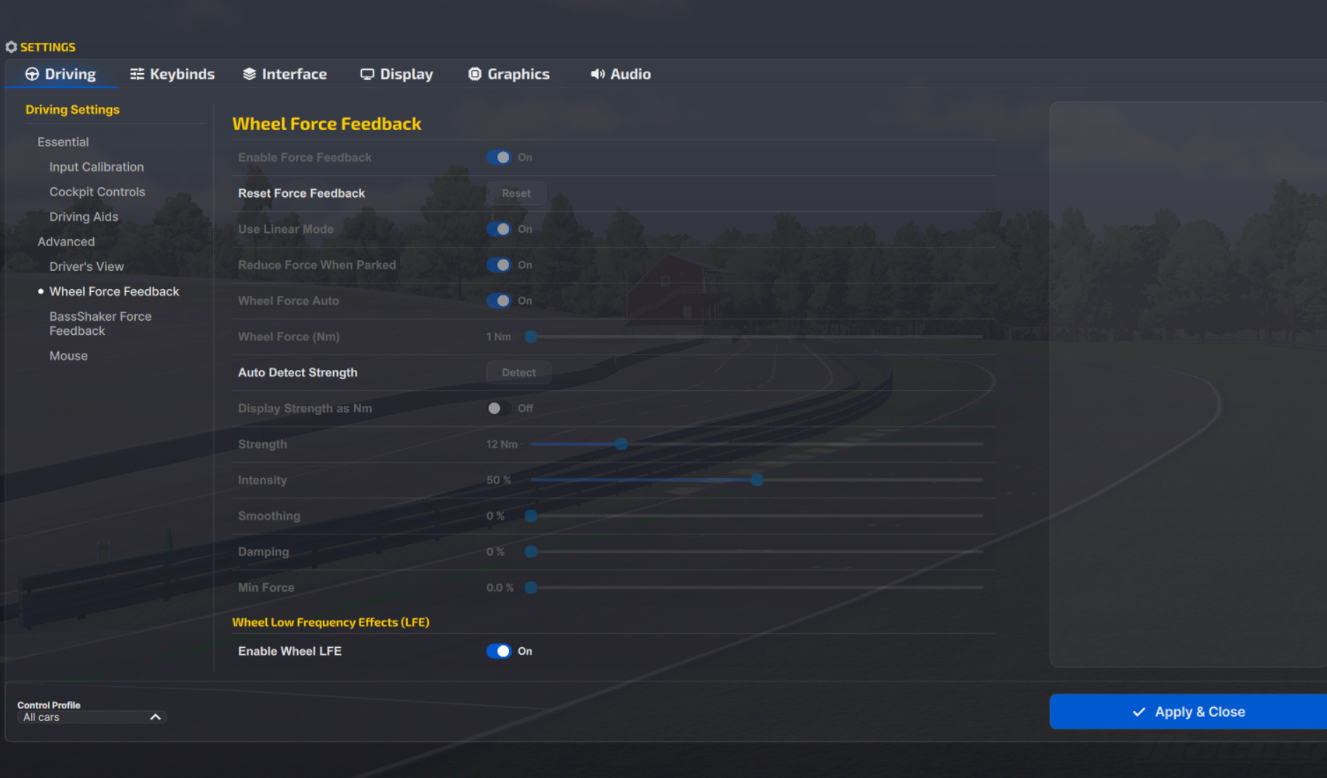 iRacing's Wheel Force Feedback settings page