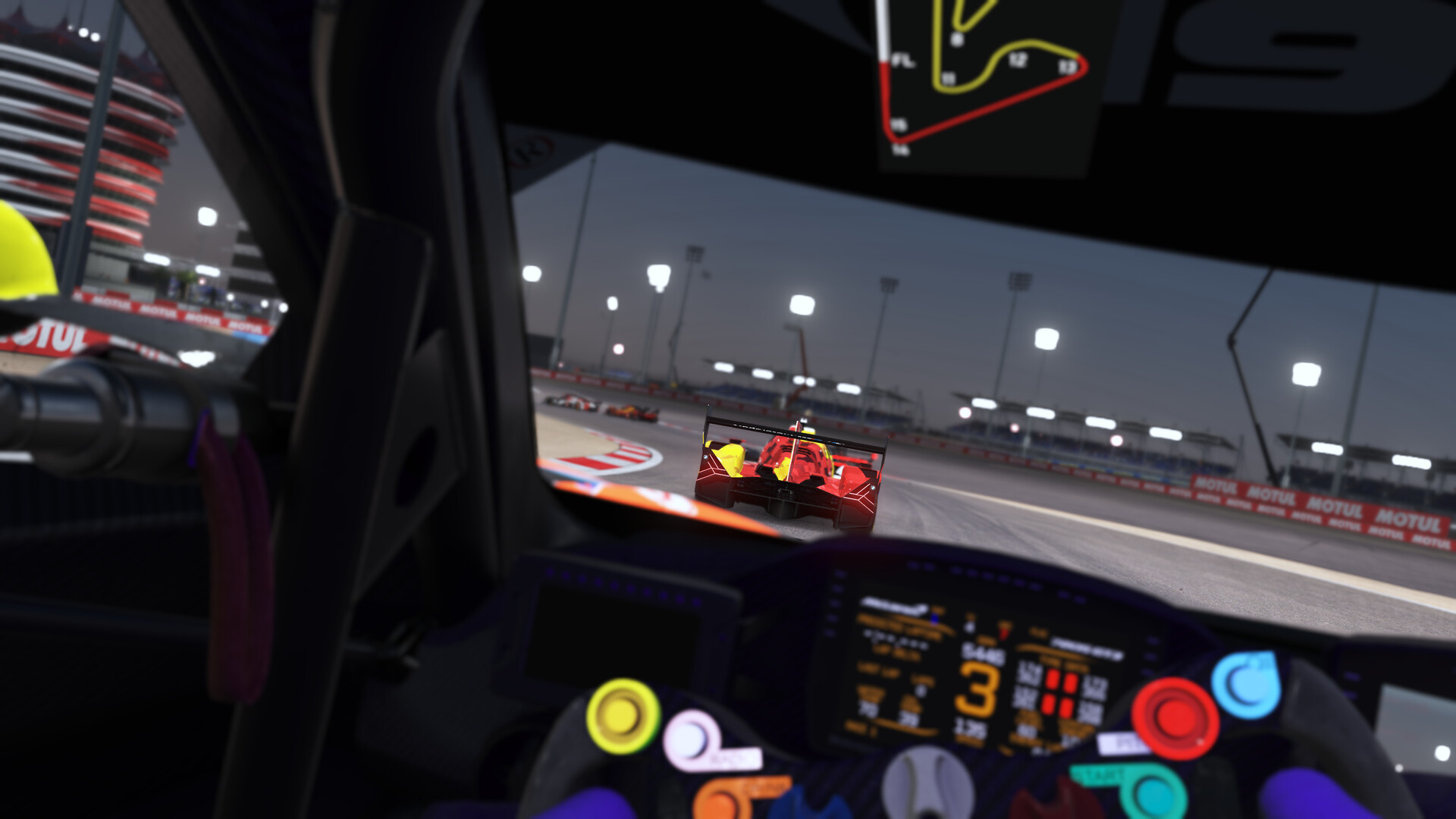Cockpit view of a night race at Bahrain in Le Mans Ultimate