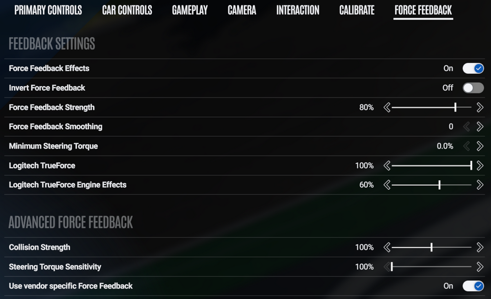 Le Mans Ultimate Force Feedback settings page with the Feedback Settings and Advanced Force Feedback sliders