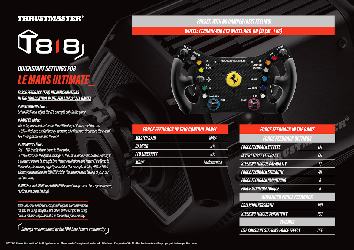 Thrustmaster T818 quickstart force feedback settings for Le Mans Ultimate