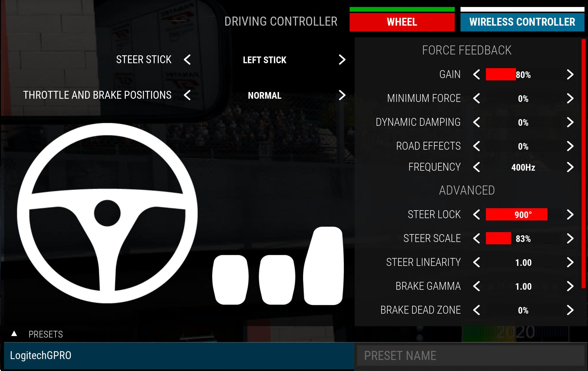 Assetto Corsa Competizione PS5 wheel force feedback settings recommended by Logitech for the RS50