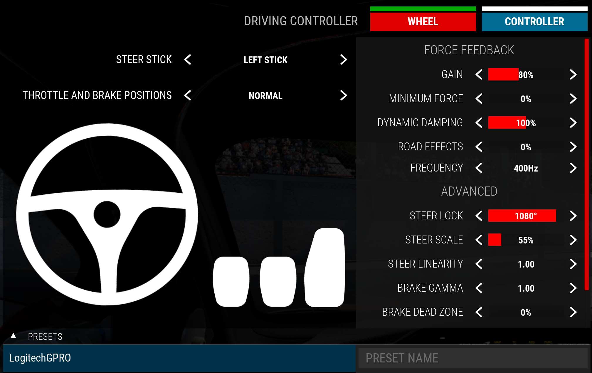Assetto Corsa Competizione Xbox wheel force feedback settings recommended by Logitech for the RS50