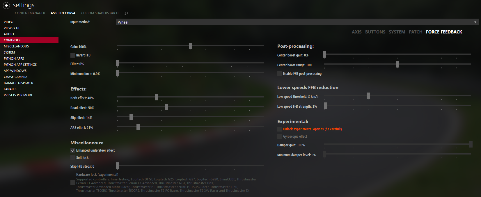 Content Manager Force Feedback settings for Assetto Corsa with Logitech's RS50 values