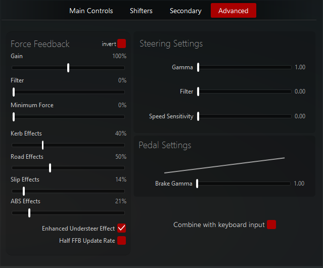 Assetto Corsa Controls Advanced tab with the Force Feedback and Steering Settings sliders