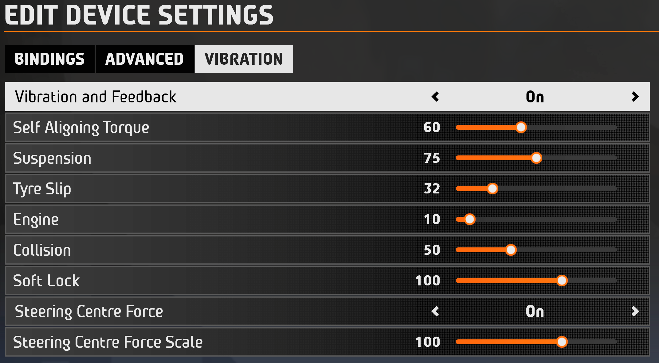 EA Sports WRC Xbox vibration settings recommended by Logitech for the RS50