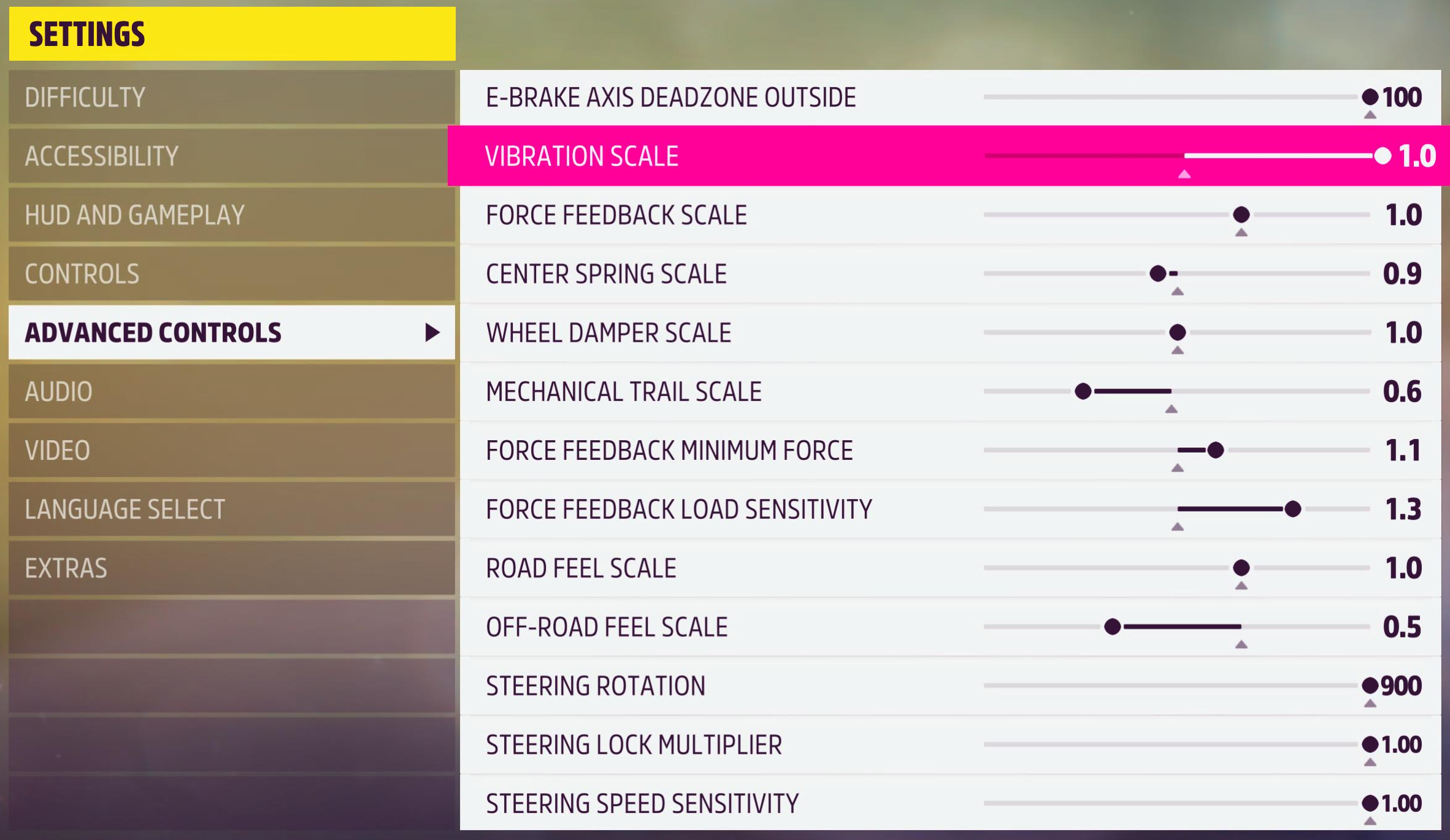 Forza Horizon 5 advanced controls recommended by Logitech for the RS50 on console