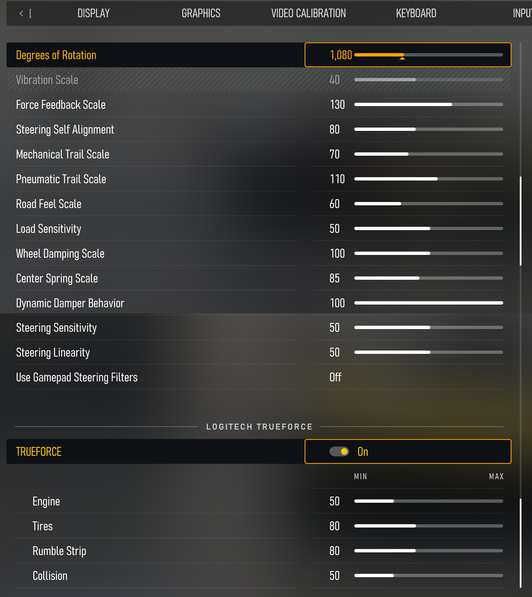 Forza Motorsport wheel and TrueForce settings recommended by Logitech for the RS50