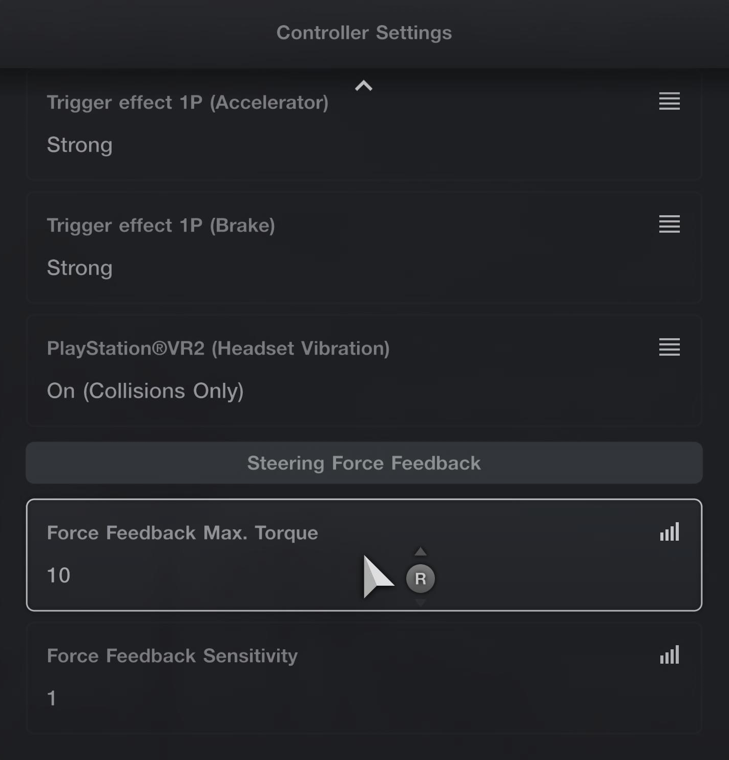 Gran Turismo 7 steering force feedback settings for road cars recommended by Logitech for the RS50