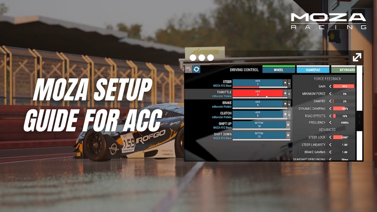 MOZA Racing ACC setup guide thumbnail showing the ACC force feedback settings