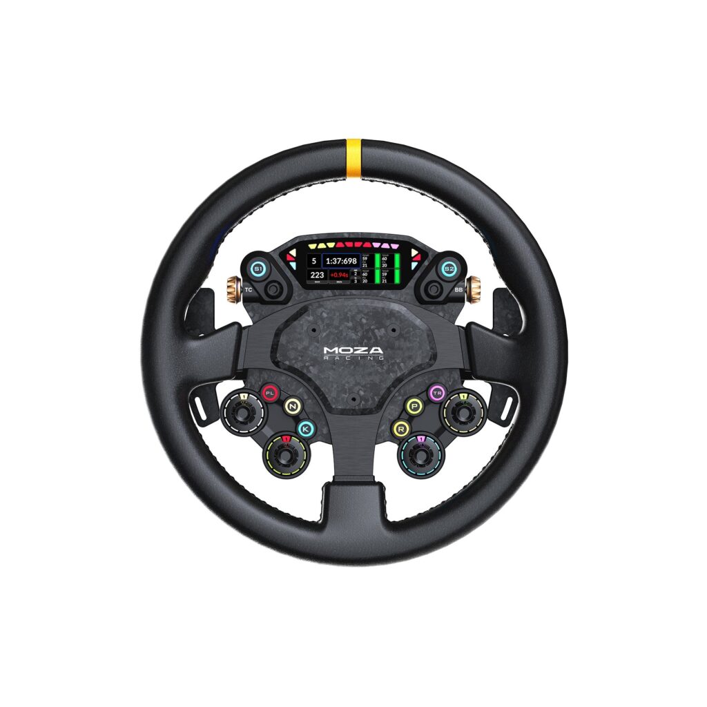 Moza CS Pro round steering wheel with a screen above the centre hub