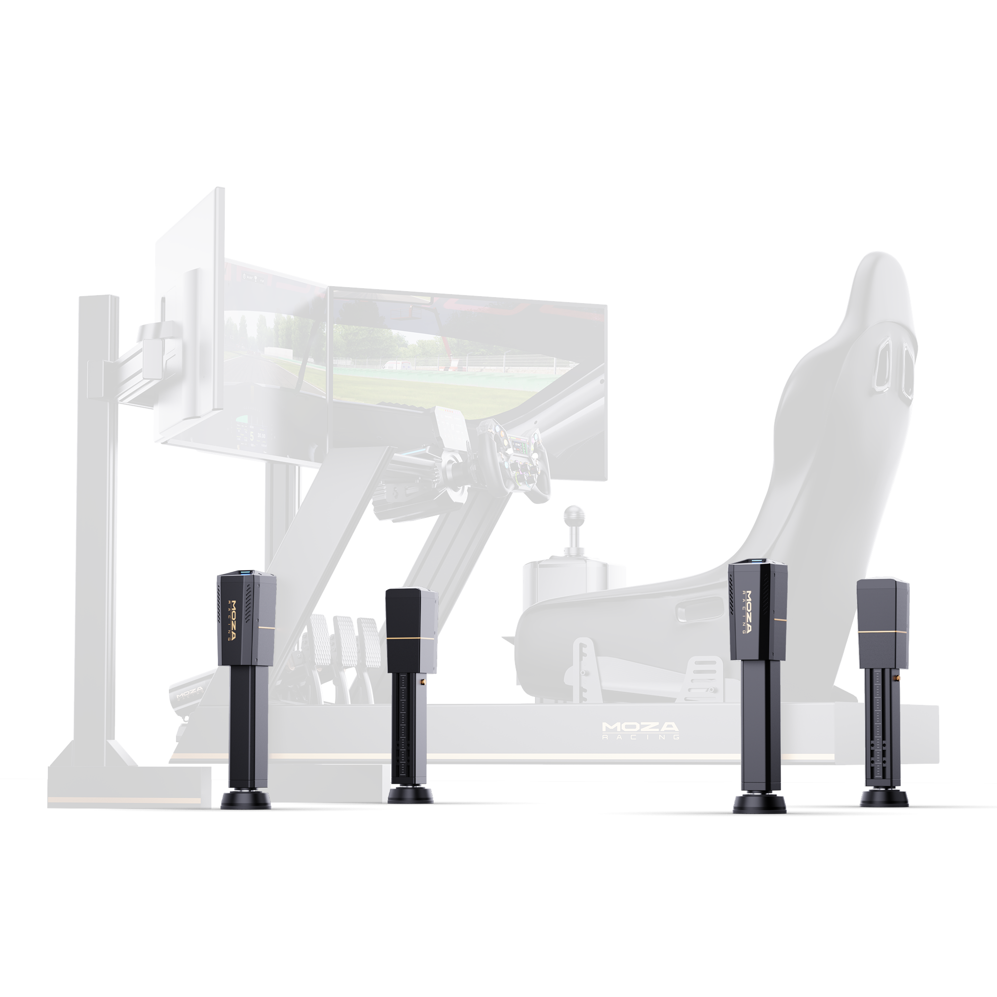 Four MOZA HMA150 motion actuators in front of a faded sim racing cockpit