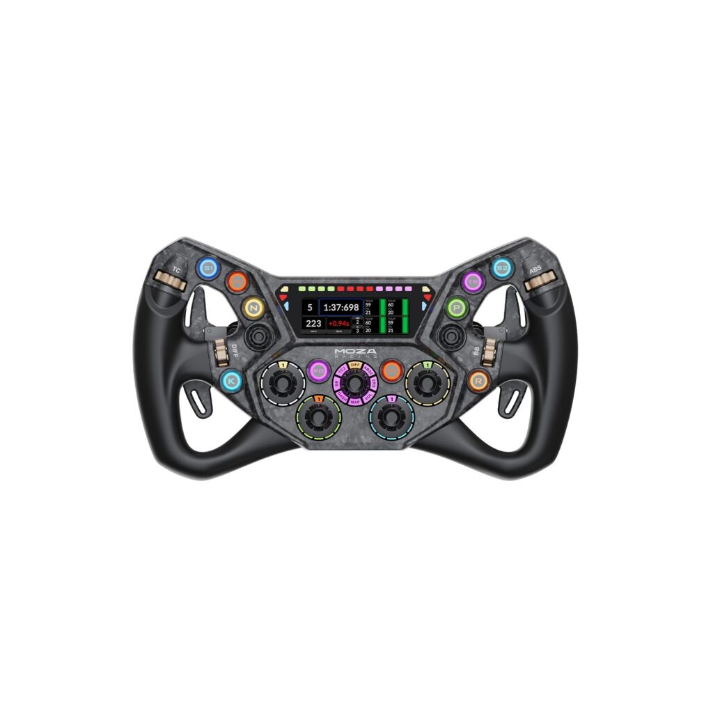 Moza KS Pro butterfly steering wheel with a screen in the centre