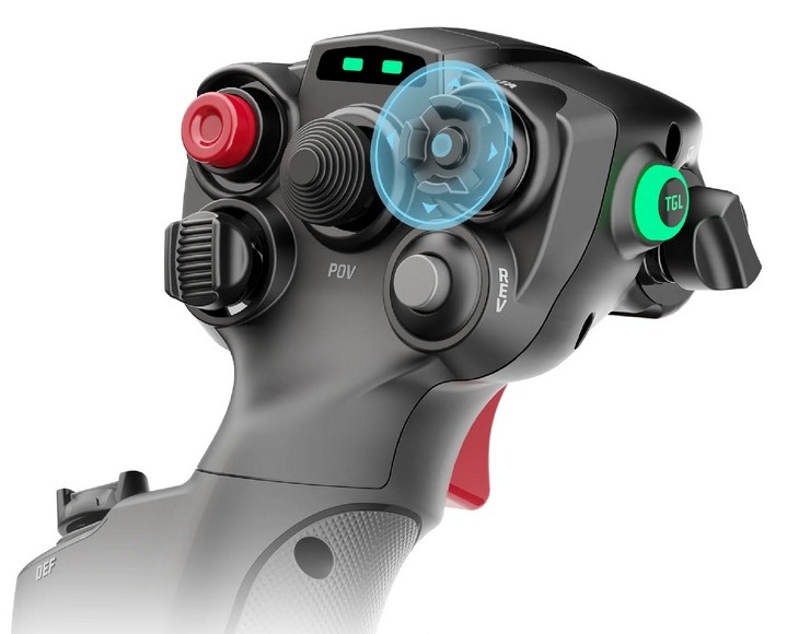 MOZA render of the MHG flightstick head showing the red button, POV mini-stick, hat switch, TGL button and red trigger