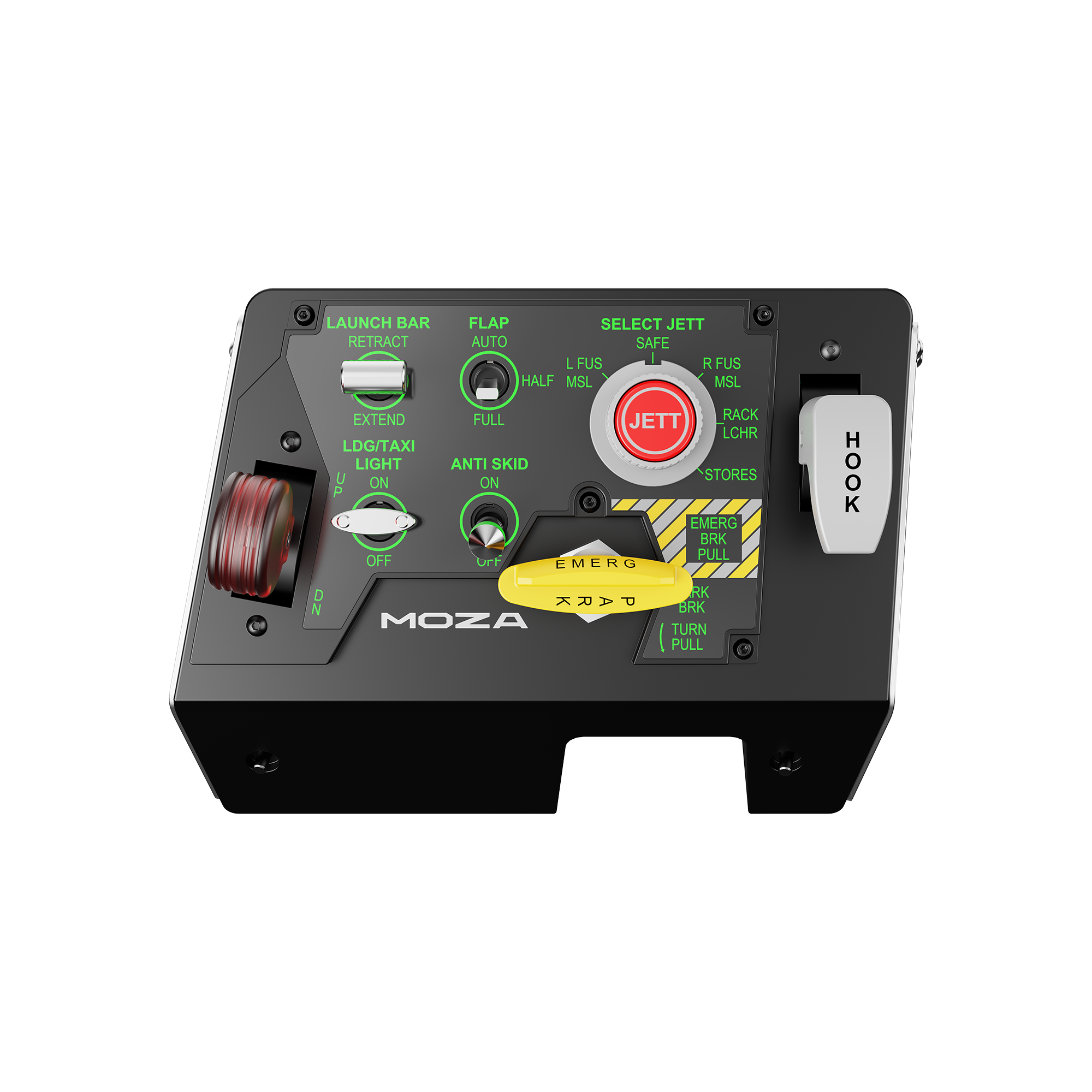 MOZA MTLP panel with its landing gear and parking brake levers