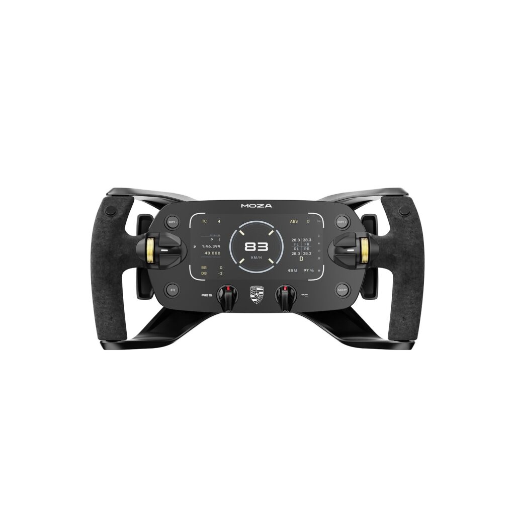 Moza Porsche Mission R steering wheel with its curved glass face