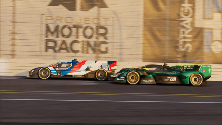 A BMW prototype and an Aston Martin Valkyrie side by side in front of a Project Motor Racing banner