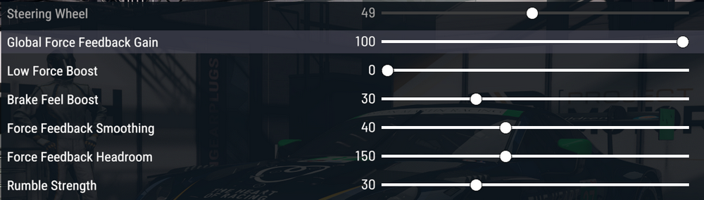 Project Motor Racing force feedback sliders set to the values Logitech recommends for the PRO Racing Wheel
