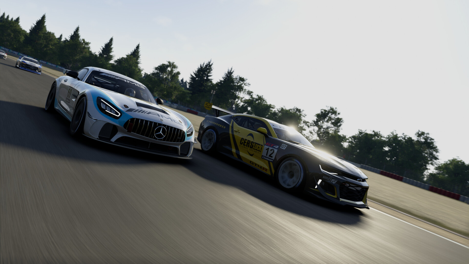 A Mercedes-AMG GT4 and a Chevrolet Camaro GT4 racing side by side in Project Motor Racing
