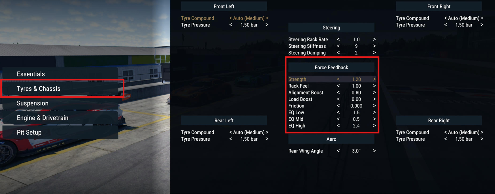 Project Motor Racing Tyres and Chassis setup screen showing the per-car Force Feedback sliders with Logitech RS50 values