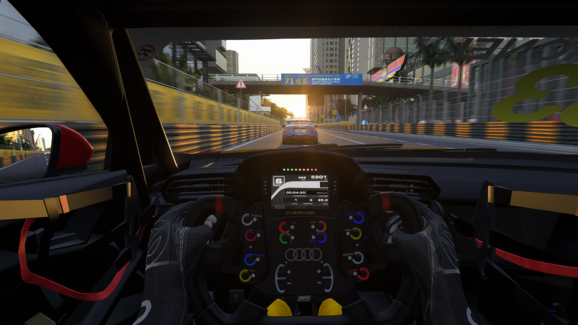 Cockpit view of an Audi touring car at the Macau street circuit in RaceRoom Racing Experience
