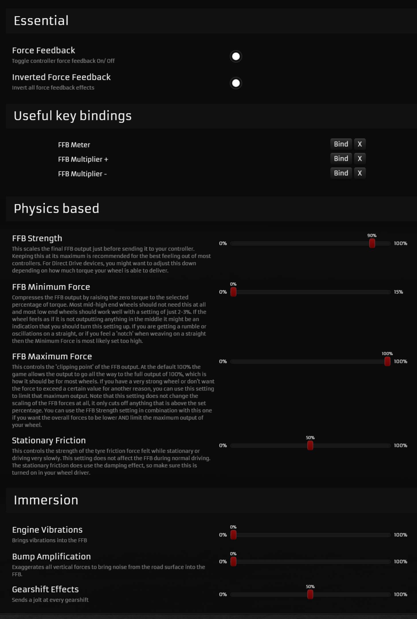 RaceRoom Force Feedback settings page with the Essential, Physics based and Immersion sliders