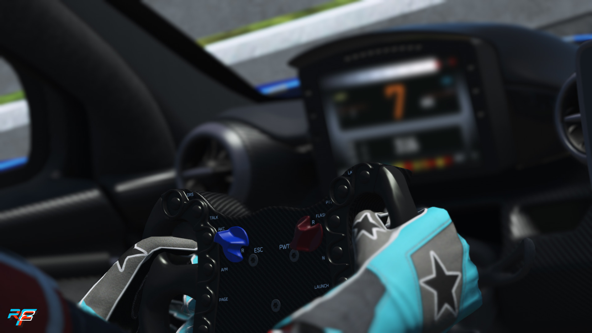 Gloved hands on a GT steering wheel in the cockpit in rFactor 2