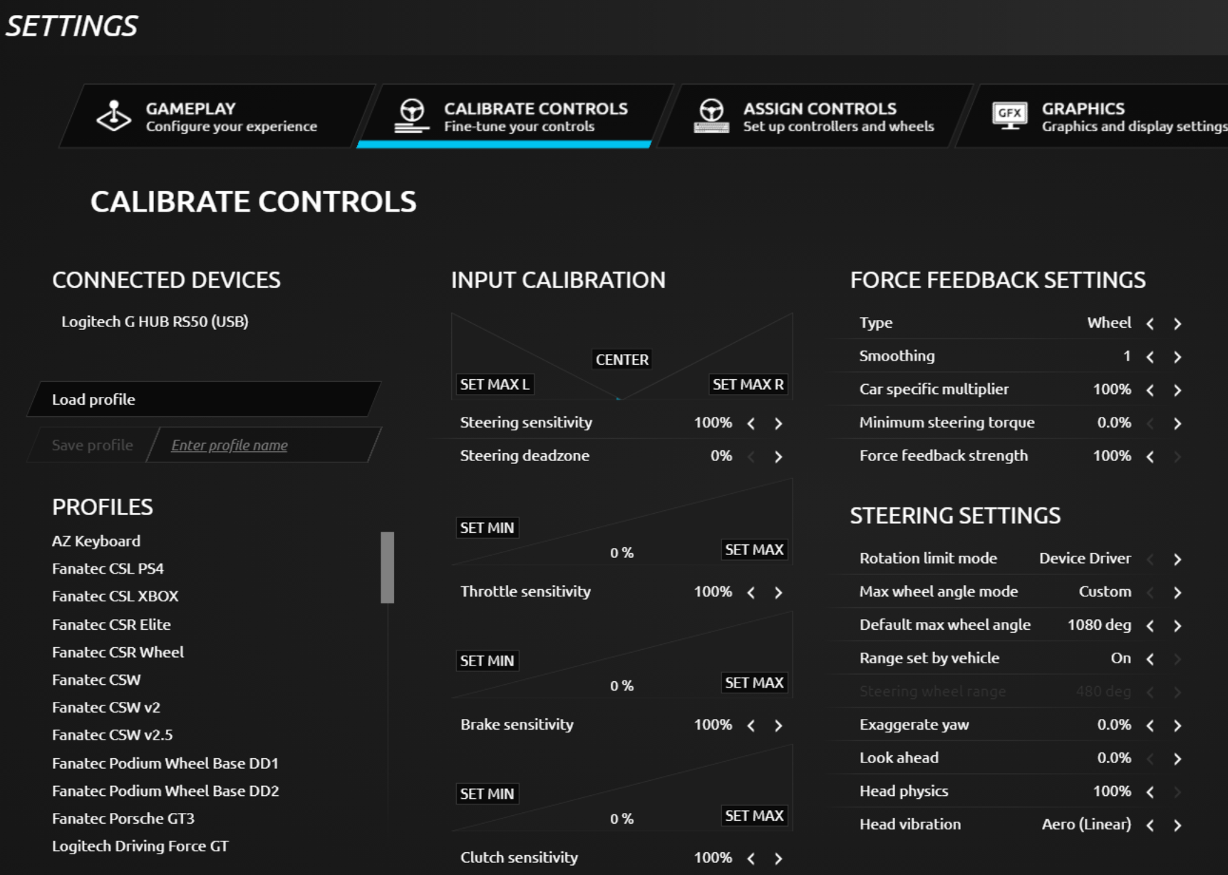 rFactor 2 Calibrate Controls screen with the Force Feedback and Steering settings