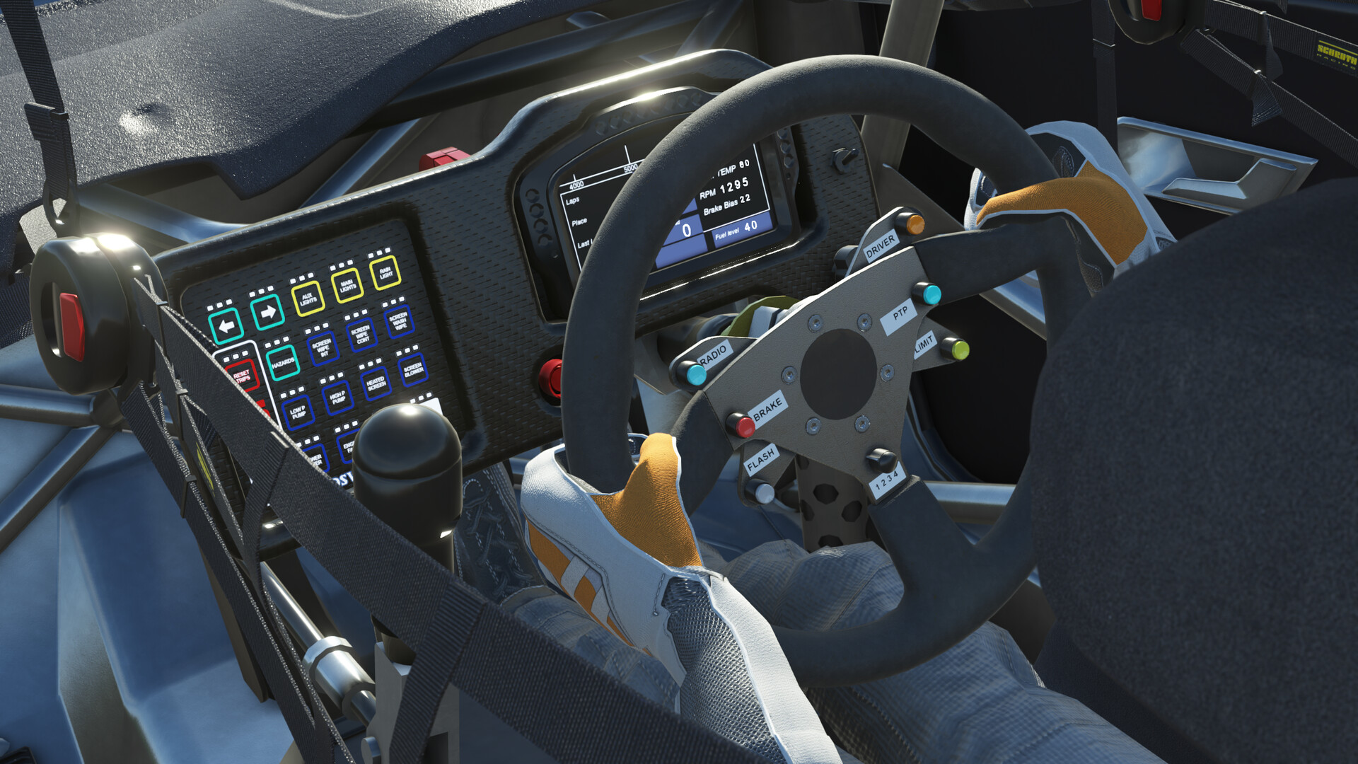 Touring car cockpit with the steering wheel, dash and switch panel in rFactor 2
