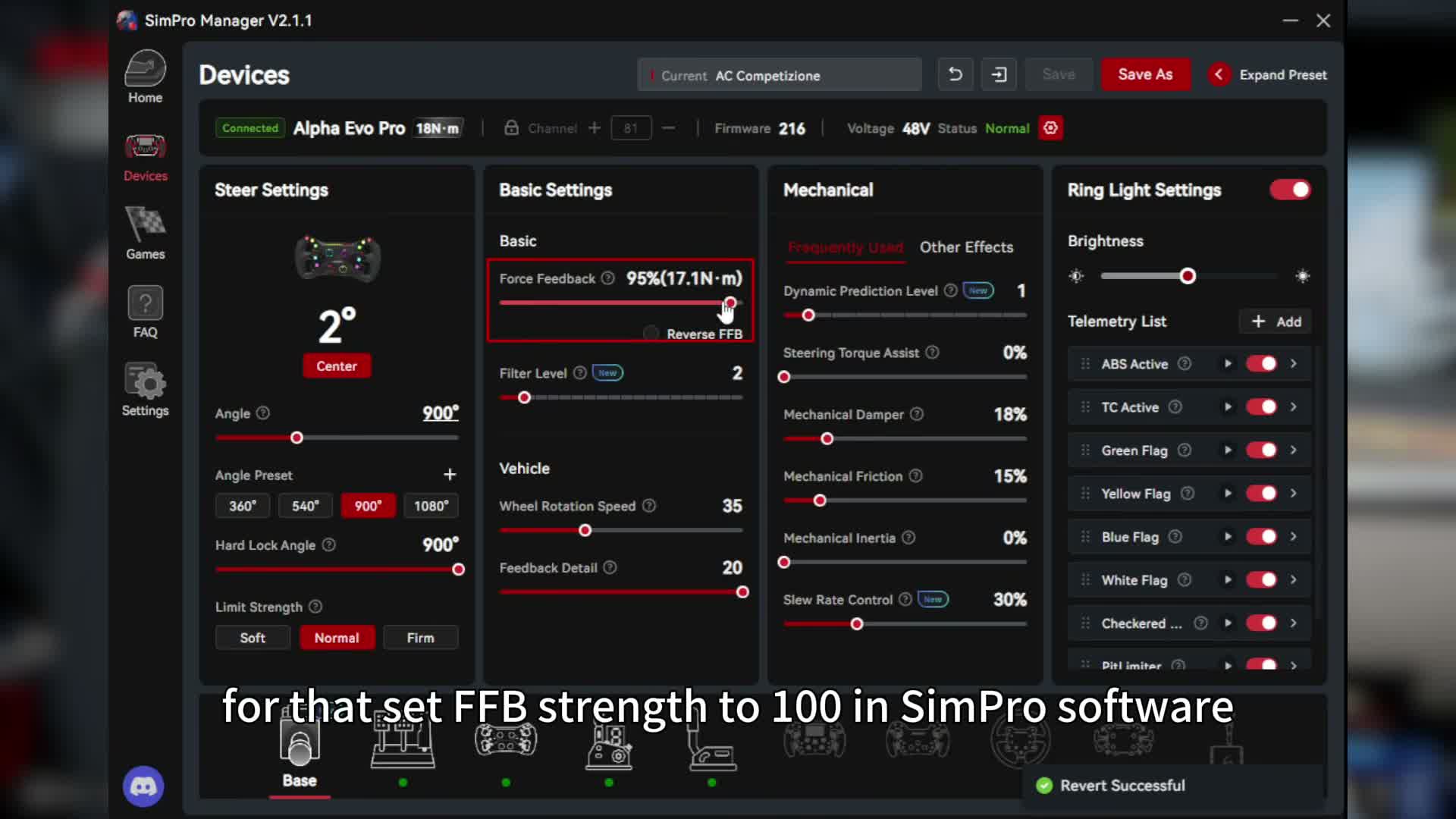 SimPro Manager showing the AC Competizione preset on a Simagic Alpha EVO Pro