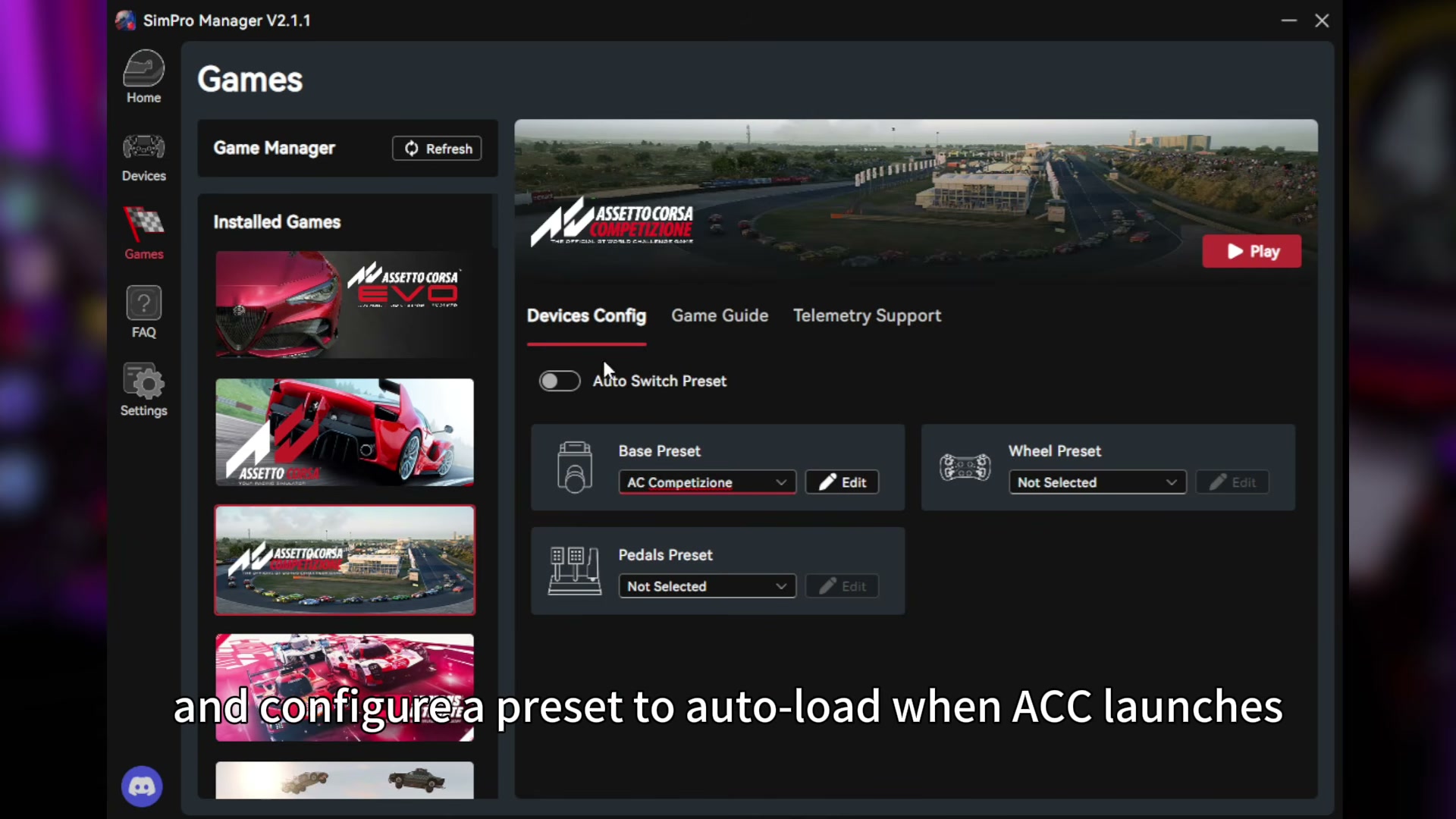SimPro Manager Games page for Assetto Corsa Competizione with the AC Competizione base preset selected
