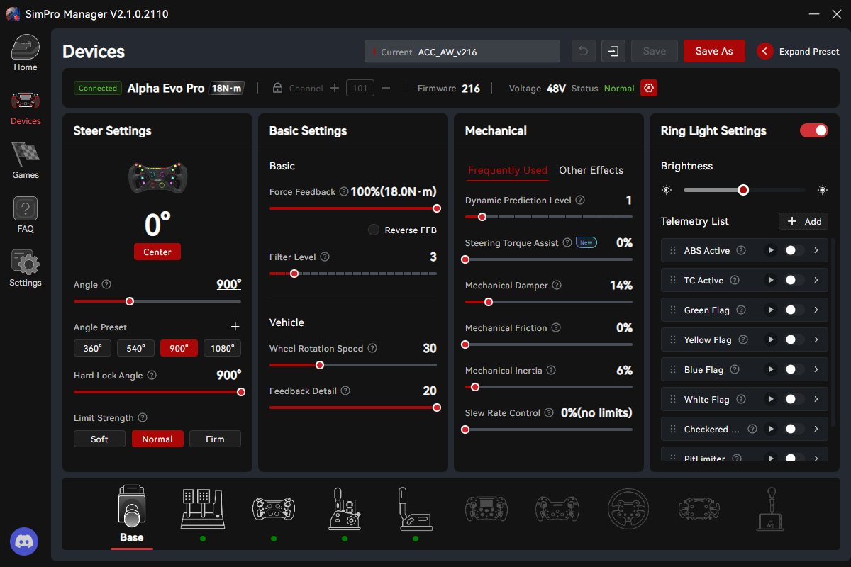 SimPro Manager showing Simagic racing driver Alvin Wong's ACC profile on his Alpha EVO Pro
