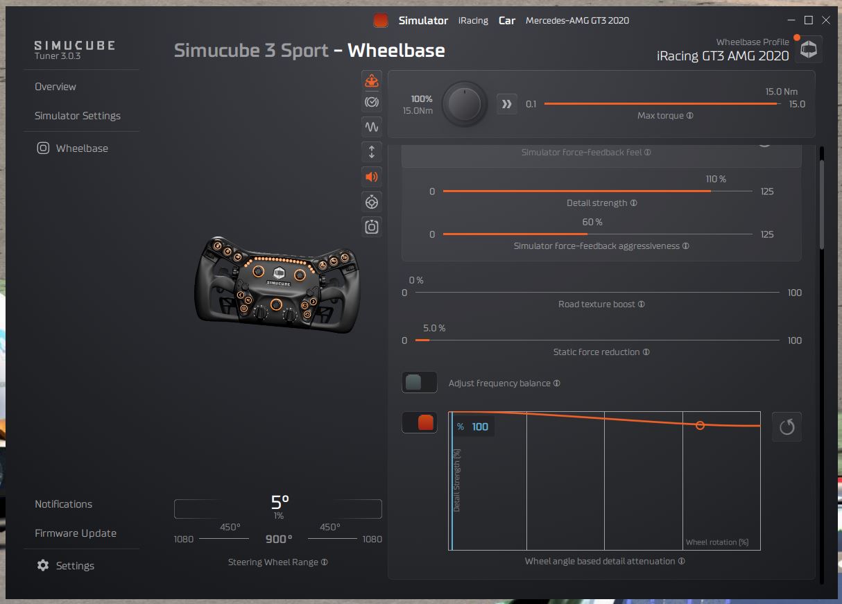 Simucube Tuner 3.0 showing the telemetry force feedback effects settings
